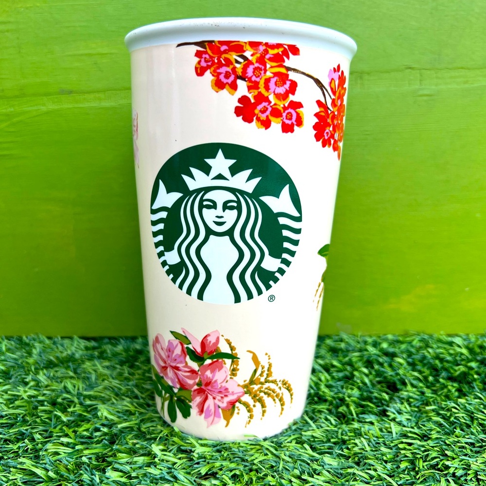 Starbucks Ban.do Collection Floral Pink Peach Rose Travel Ceramic Tumbler 12 Oz